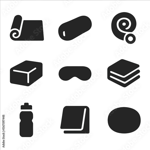 Yoga Accessories Icons. Solid, filled icon set of yoga accessories for health conditions: yoga mat, bolster, yoga strap, block,