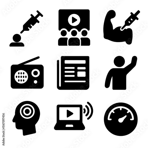 Media Influence Icons. Solid, filled icons set of hypodermic needle model: media injection, passive audience,