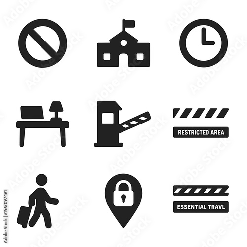 Restricted Icons Grid. no entry sign, closed school, curfew clock, remote work desk, border checkpoint, restricted area tape,