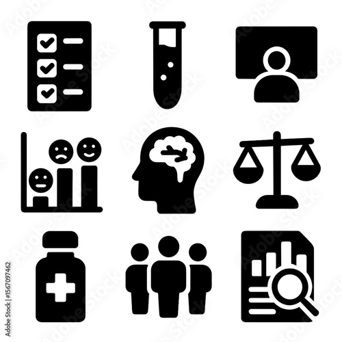 Media Effects Icons. Solid, filled icons set of media effects research: survey sheet, lab test icon, viewing