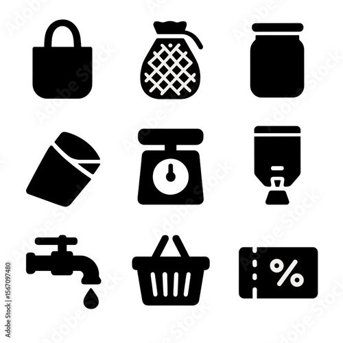 Zero-Waste Icons Set. Solid, filled icon set of zero-waste shopping: cloth bag, produce mesh bag, glass jar, paper wrap, weigh
