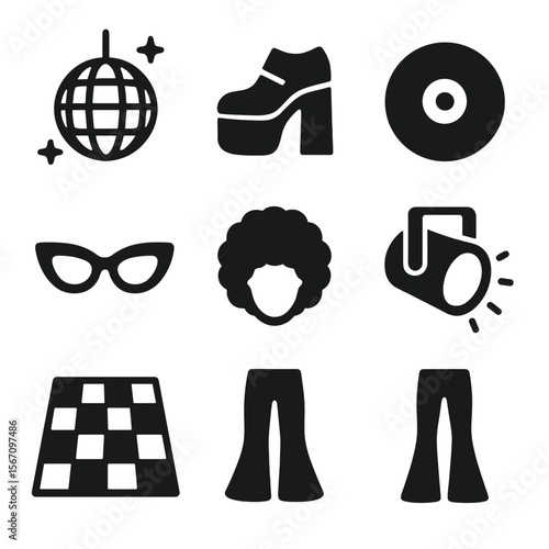 Retro Disco Icons. Solid, filled icon set of retro disco party icons: disco ball, platform shoes, vinyl record, cassette tape,