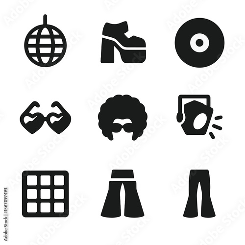 Retro Disco Icons. Solid, filled icon set of retro disco party icons: disco ball, platform shoes, vinyl record, cassette tape,
