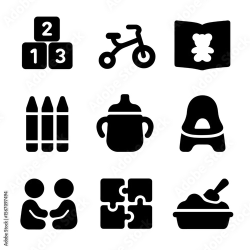 Toddler Milestones Icons. Solid, filled icon set of toddler milestones: building blocks, tricycle, storybook, coloring crayons,