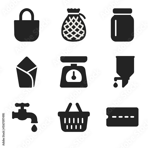 Zero-Waste Icons Set. Solid, filled icon set of zero-waste shopping: cloth bag, produce mesh bag, glass jar, paper wrap, weigh