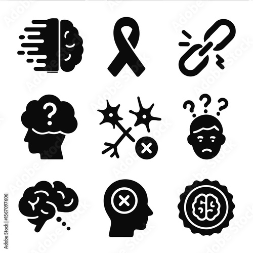 Memory Loss Icons. Solid, filled icons set of memory loss and disorders: fading brain, Alzheimer ribbon,