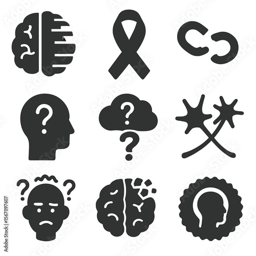 Memory Loss Icons. Solid, filled icons set of memory loss and disorders: fading brain, Alzheimer ribbon,