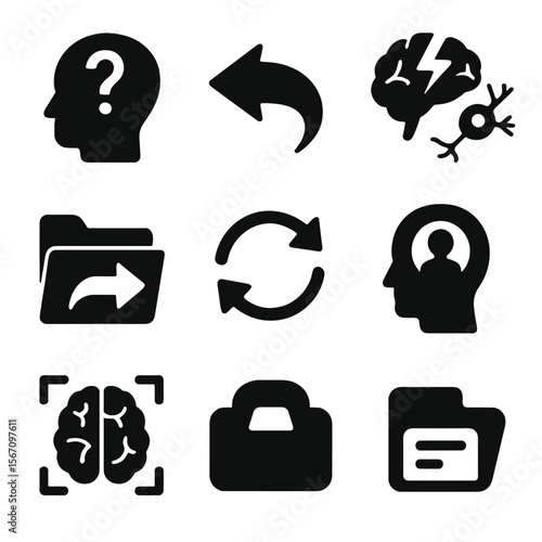 Memory Icon Set. Solid, filled icons set of memory retrieval and recall: question mark brain, back arrow,