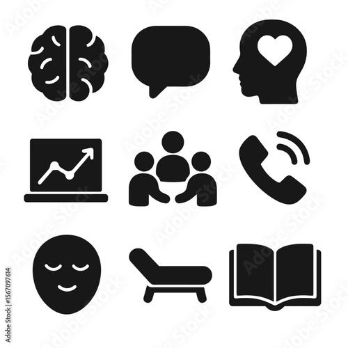 Mental Health Icons. Solid, filled icons set of mental health awareness: brain icon, speech bubble, heart and