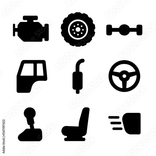 Tractor Parts Icons. Solid, filled icon set of tractor parts: engine, tire, axle, cabin, exhaust, steering wheel, gear lever, seat