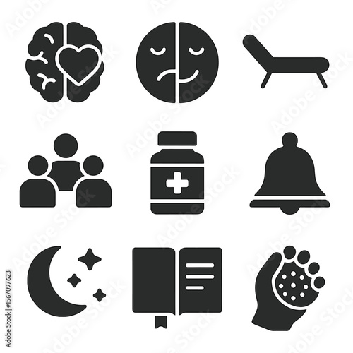 Mental Health Icons. Solid, filled icons set of mental health support: brain with heart, mood tracker, therapy