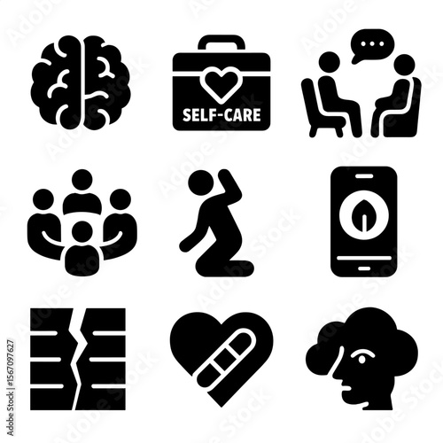 Mental Health Icons. Solid, filled icons set of challenging mental health stigma: open brain icon, self-care