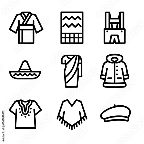 Traditional Clothing Icons. Solid, filled icon set of continent traditional clothing: kimono, kente cloth, lederhosen, sombrero,
