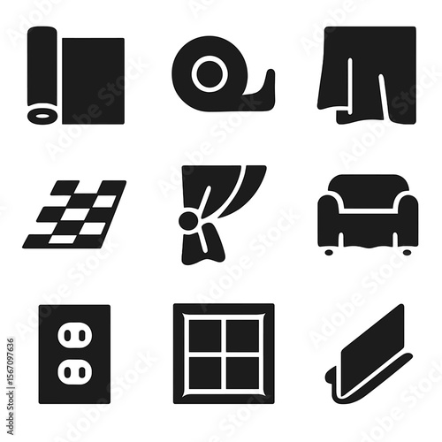 Room Protection Icons. Solid, filled icon set of room protection items: plastic sheeting, tape dispenser, cloth drape, floor