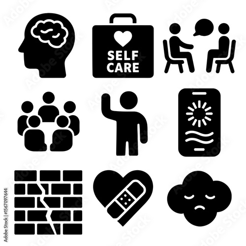 Mental Health Icons. Solid, filled icons set of challenging mental health stigma: open brain icon, self-care