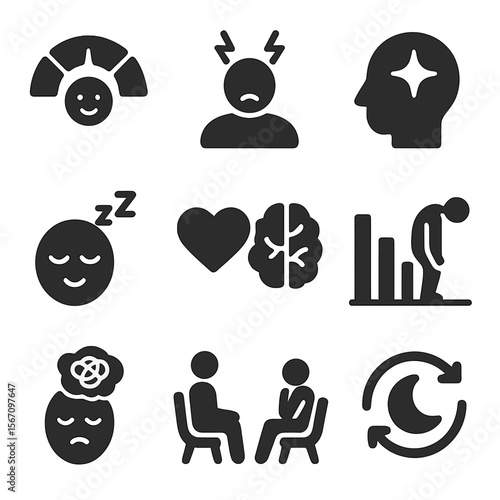 Mental Health Icons. Solid, filled icons set of sleep and mental health: mood tracker, stress relief icon,