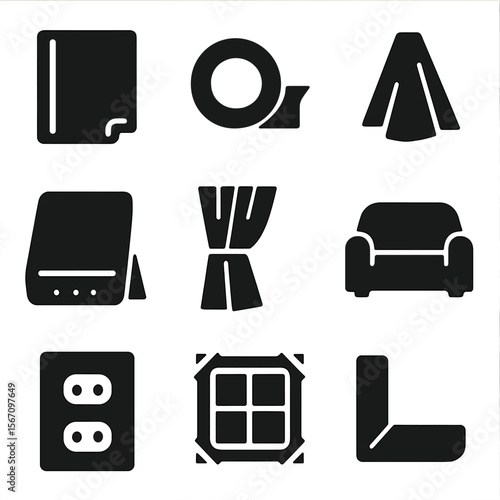 Room Protection Icons. Solid, filled icon set of room protection items: plastic sheeting, tape dispenser, cloth drape, floor