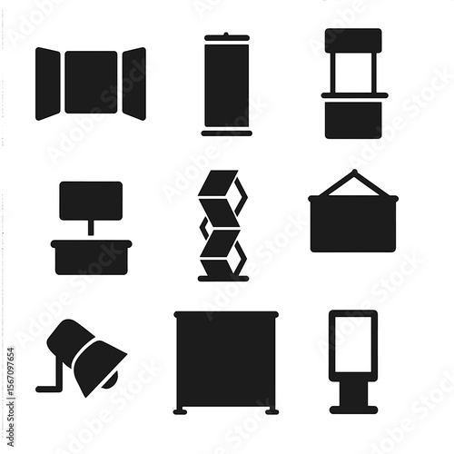 Trade Show Icons. Solid, filled icon set of trade show booth essentials: modular booth, retractable banner, promo table, tabletop