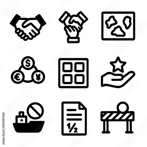 Trade Agreement Icons. Solid, filled icon set of trade agreement types: bilateral agreement, multilateral agreement, free trade