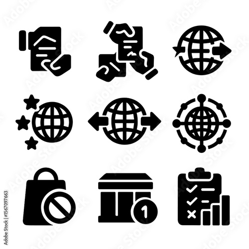 Trade Agreement Icons. Solid, filled icon set of trade agreement types: bilateral agreement, multilateral agreement, free trade