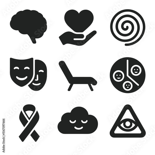 Mental Health Icons. Solid, filled icons set of mental health and invisible disabilities: brain icon, heart