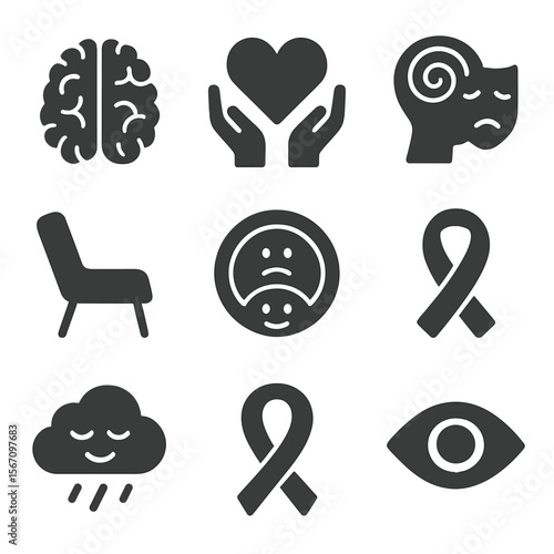 Mental Health Icons. Solid, filled icons set of mental health and invisible disabilities: brain icon, heart