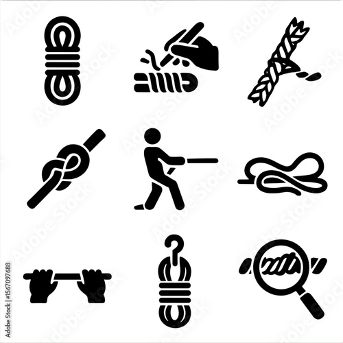 Rope Handling Icons. Solid, filled icon set of rope handling techniques: coiling rope, whipping rope ends, splicing rope, tying