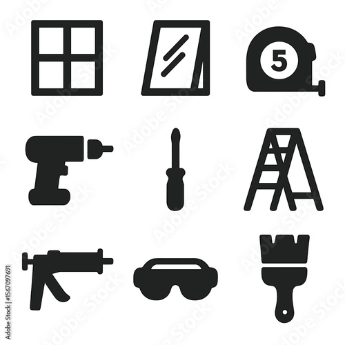 Room Renovation Icons. Solid, filled icon set of renovating a room with new windows: window frame, glass pane, measuring tape,