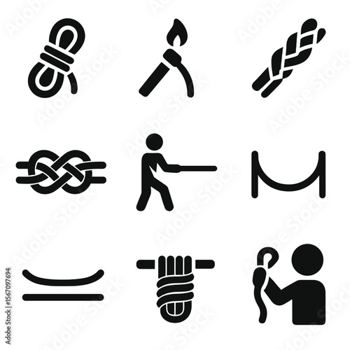 Rope Handling Icons. Solid, filled icon set of rope handling techniques: coiling rope, whipping rope ends, splicing rope, tying