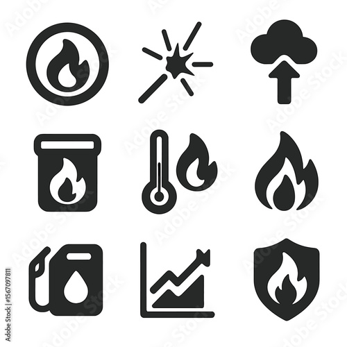Microgravity Combustion Icons. Solid, filled icons set of combustion in microgravity: flame bubble, ignition