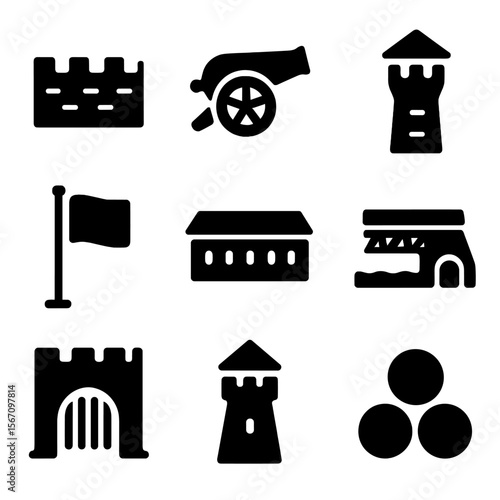 Military Fort Icons. Solid, filled icons set of military forts and citadels: fortified wall, cannon,