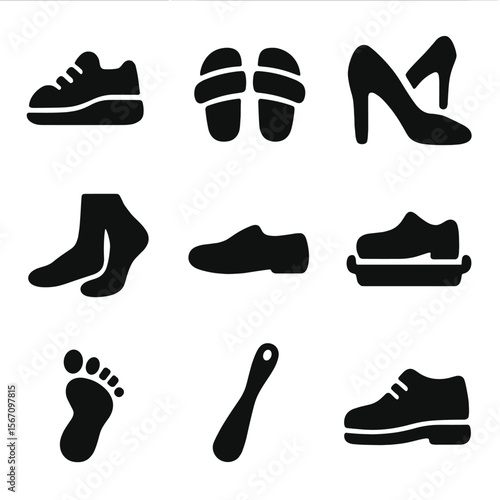 Travel Footwear Icons. Solid, filled icon set of travel footwear and removal: sneakers, sandals, high heels, sock feet, slip-on