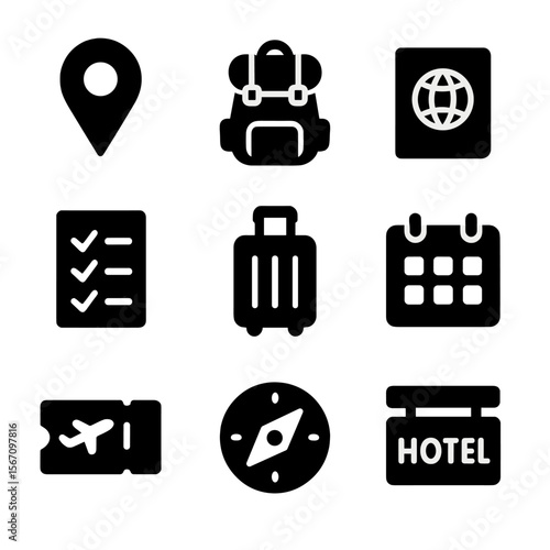Travel Essentials Icons. Solid, filled icon set of how to travel smart: map pin, backpack, passport, checklist, suitcase, calendar