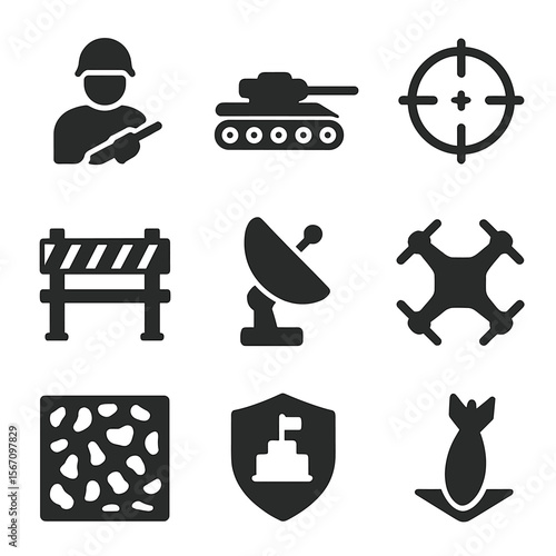 Military Tactics Icons. Solid, filled icons set of offense vs defense in military tactics: soldier icon, tank,