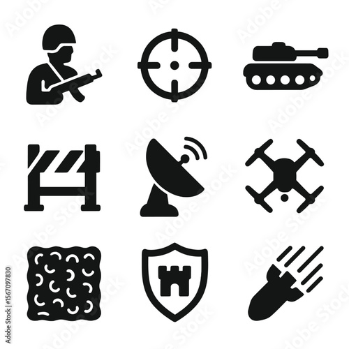 Military Tactics Icons. Solid, filled icons set of offense vs defense in military tactics: soldier icon, tank,