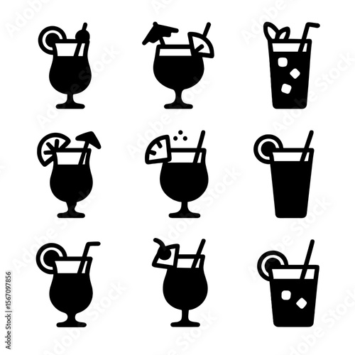 Tropical Cocktail Icons. Solid, filled icon set of tropical festive cocktails: blue lagoon, mai tai, zombie, hurricane, painkiller