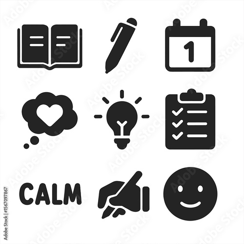 Mindful Journaling Icons. Solid, filled icons set of mindful journaling: open notebook, pen icon, date stamp,
