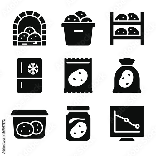 Tuber Preservation Icons. Solid, filled icon set of tuber preservation methods: root cellar, cool storage bin, dry rack,