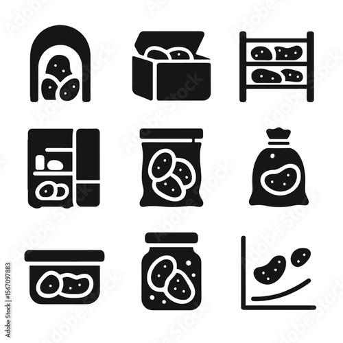 Tuber Preservation Icons. Solid, filled icon set of tuber preservation methods: root cellar, cool storage bin, dry rack,