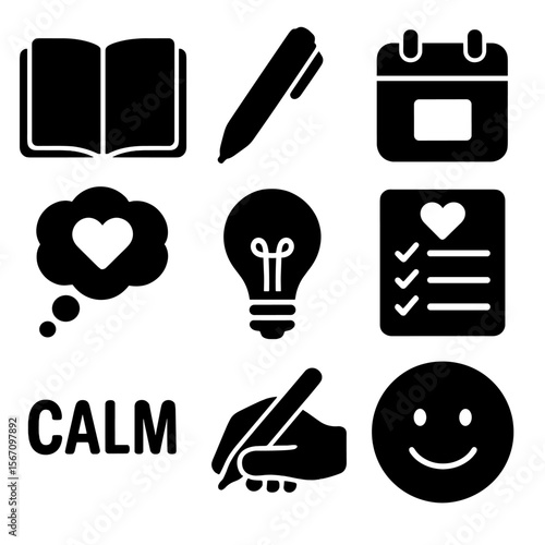 Mindful Journaling Icons. Solid, filled icons set of mindful journaling: open notebook, pen icon, date stamp,