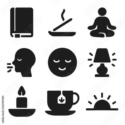 Mindful Morning Icons. Solid, filled icons set of mindful mornings: journal, incense stick, meditation pose,