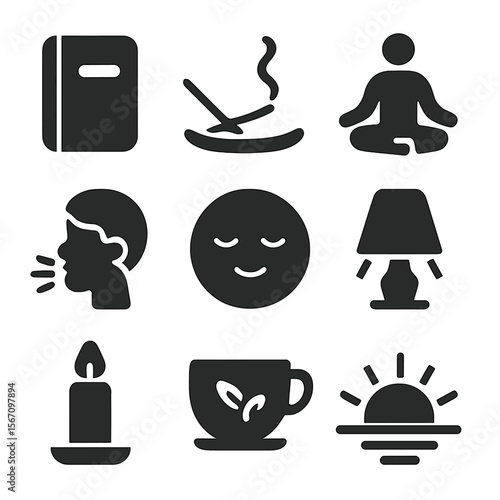 Mindful Morning Icons. Solid, filled icons set of mindful mornings: journal, incense stick, meditation pose,