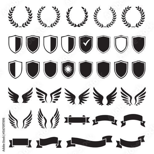 Collection of black heraldic shields laurel wreaths wings and banners on white background