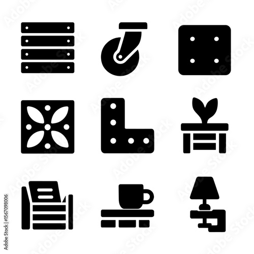 Upcycled Pallet Icons. Solid, filled icon set of upcycled pallet furniture: pallet planks, caster wheel, cushion pad, stencil