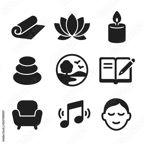 Mindfulness Icons Grid. Solid, filled icons set of mindfulness and self-care: yoga mat, lotus flower, calm