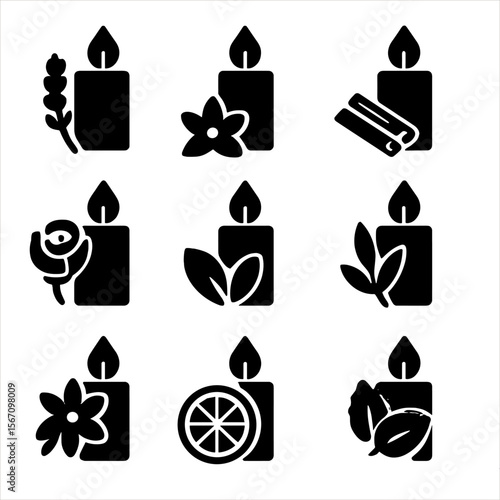 Scented Candles Icons Grid. Solid, filled icon set of scented candles: lavender, vanilla, cinnamon, rose, sandalwood, eucalyptus,