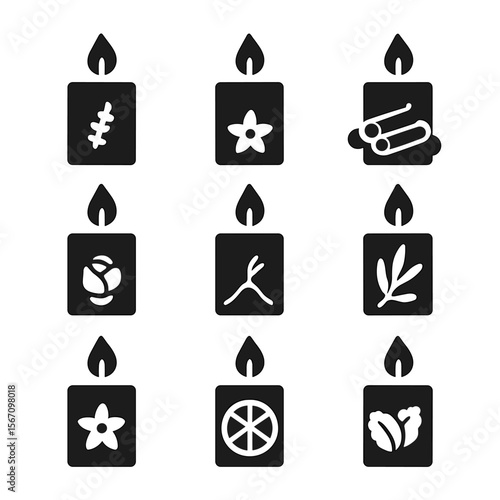Scented Candles Icons Grid. Solid, filled icon set of scented candles: lavender, vanilla, cinnamon, rose, sandalwood, eucalyptus,