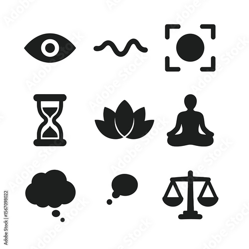 Mindfulness Icon Grid. Solid, filled icons set of mindfulness and awareness: eye icon, breath wave, focus ring