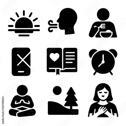 Mindfulness Icon Set. Solid, filled icons set of daily mindfulness habits: sunrise icon, morning breath,