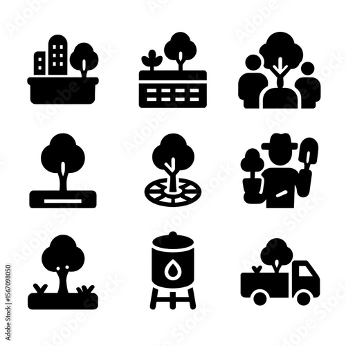 Urban Greening Icons. Solid, filled icon set of urban greening: city planter, rooftop garden, community tree, sidewalk tree pit,